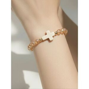 Ivory Cross Bracelet Neutral Faceted Beads Stretch Christian Faith Jewelry Boho